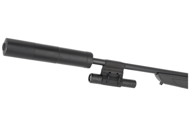 Fixation clicSHOT montée sur une carabine équipée d'un modérateur de son